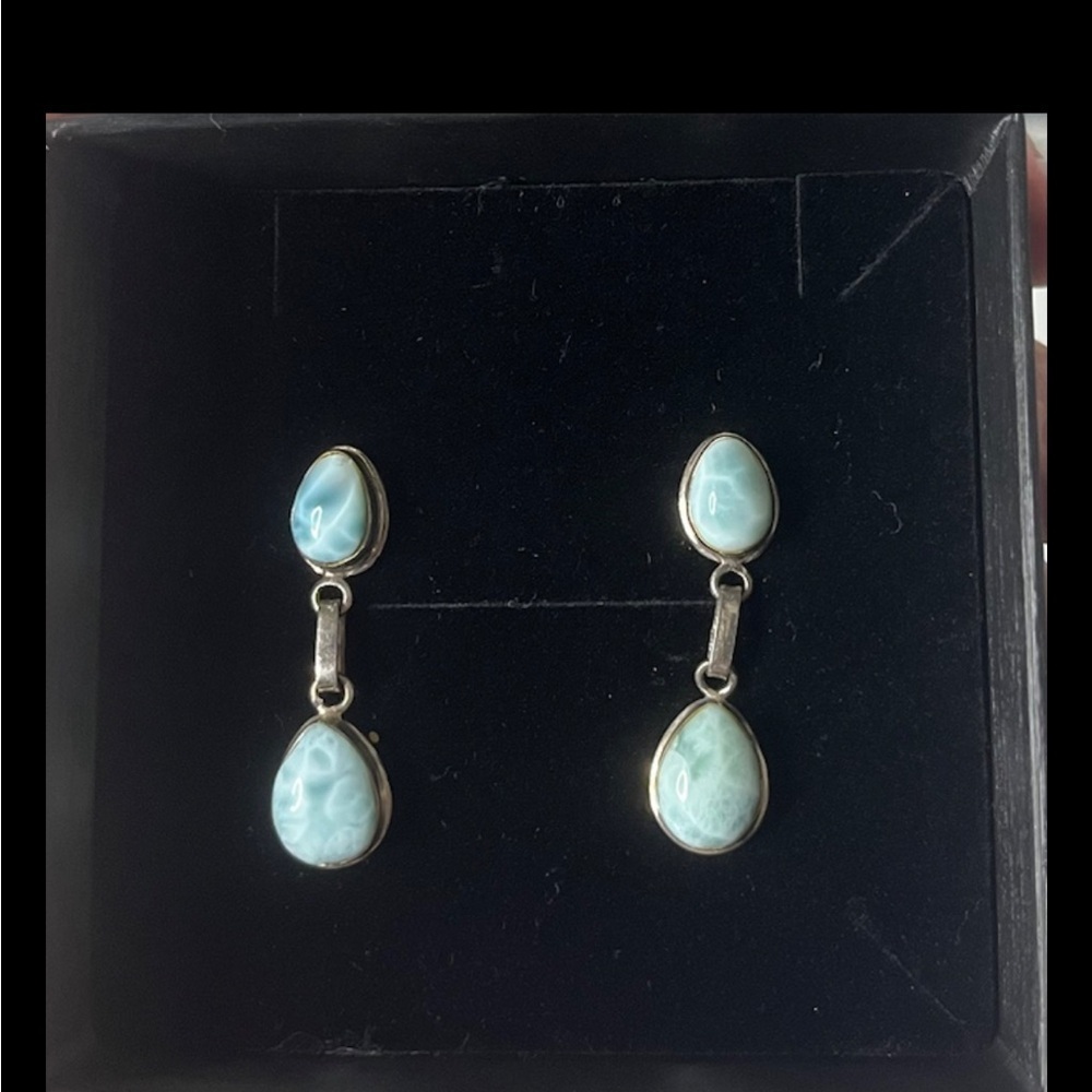 Vintage 925 Silver Larimar Drop Post Earrings - Picture 2 of 2